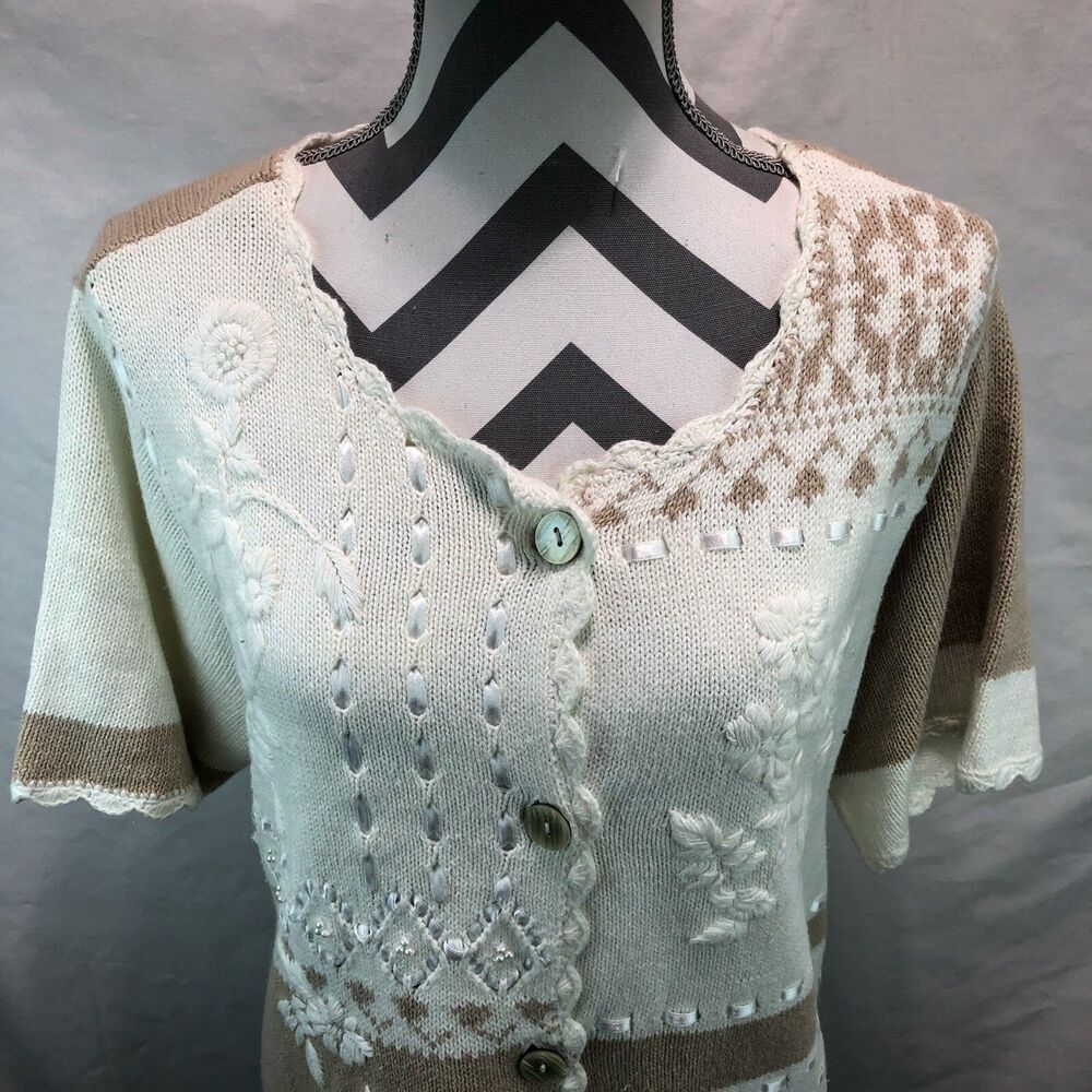 Blair Two Twenty Collection Cardigan Short Sleeve Lace Ribbon Pearls Large FF19